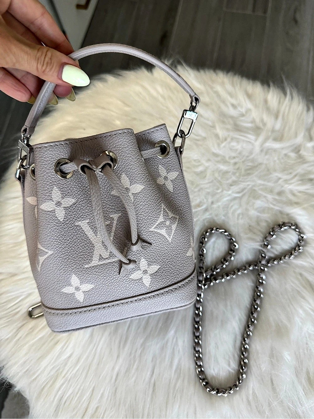Louis Vuitton Nano Noé Bucket Bag in Gray & White